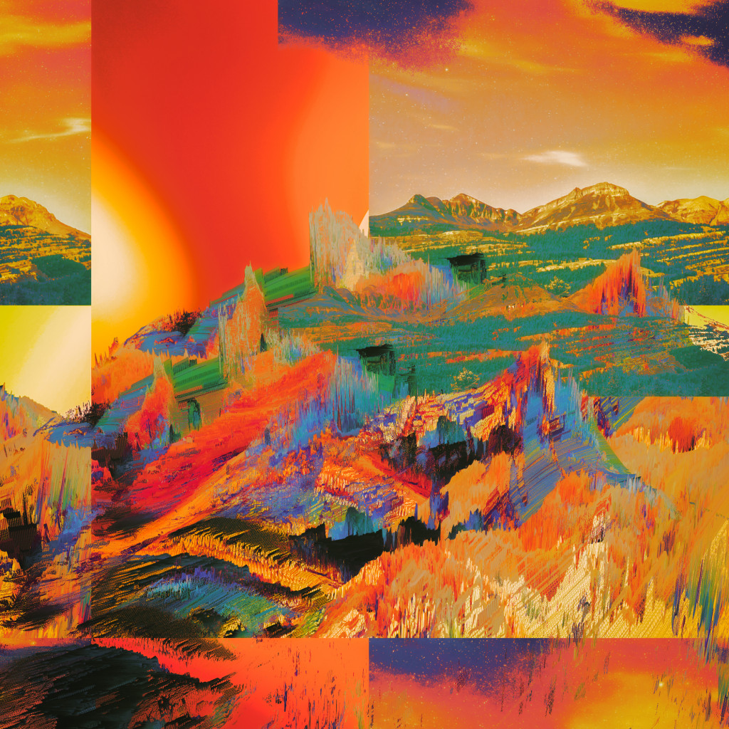 A digital image of a landscape saturated with red and orange, digitally edited to incorporate fractured patterns
