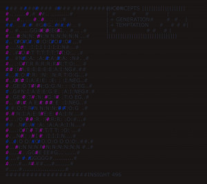 The letters spelling GENERATION and TEMPTATION are barely visible, written in gray on a black background, with some pink and blue hashmarks distributed throughout