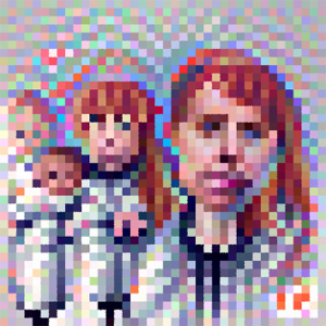 A pixelated image of a red-haired woman with other, less distinct figures behind her
