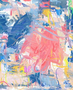 An abstract digital painting made with energetic strokes, dominated by a reddish-pink mass at the center with light and dark blue spaces around it