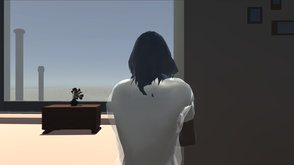 A 3-D rendered figure is seen from the back, approaching a desk against a large window opening into a vast, desert-like landscape with three columns.
