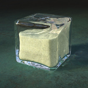 A digital rendering of a glass cube filled with greenish sand