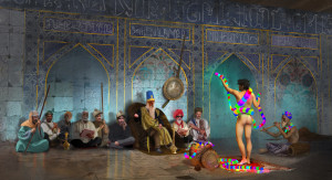 An adaptation of a classical painting, where Middle Eastern grandees watch a young nude man wrap a multicolored neon serpent around his body