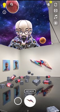 An image of a gallery with digital overlays creating canisters on the gallery and an opening in the ceiling showing a purple, starry sky and a man with a split face looking down