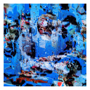 An abstract digital images dominated by blue, with other colors emerging in round openings and small glitchy squares dotting the composition