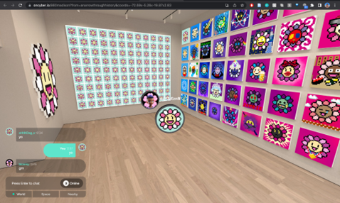 A 3D rendering of a gallery with paintings of pixelated daisies on the walls. Two round icons representing virtual visitors, also with daisy icons, hover in the center