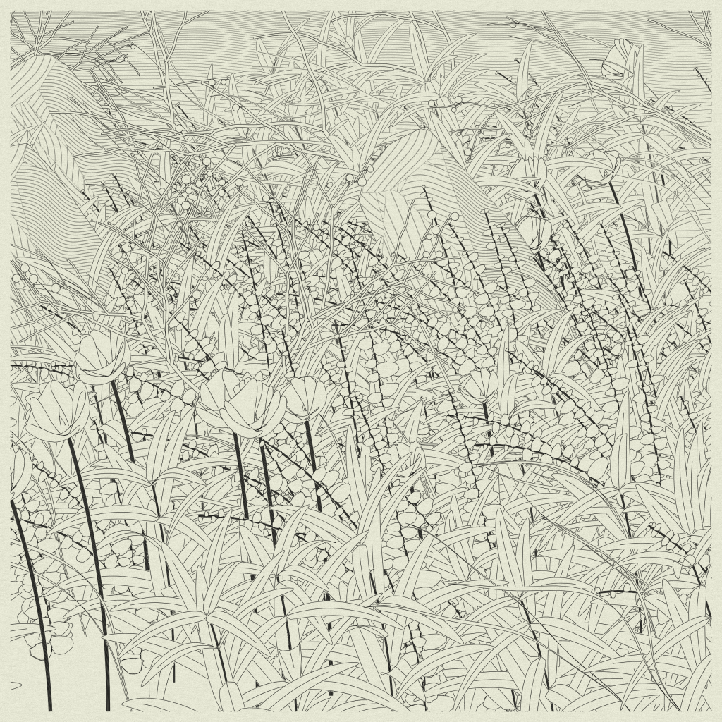 A digital drawing of tulips and tall grass in shades of light green