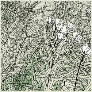 A digital drawing of tulips and tall grass in shades of light green