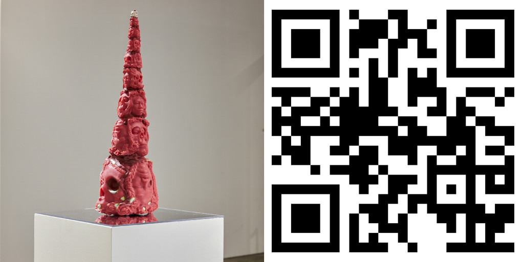 A diptych with a photo of a red 3D printed tower on the left and