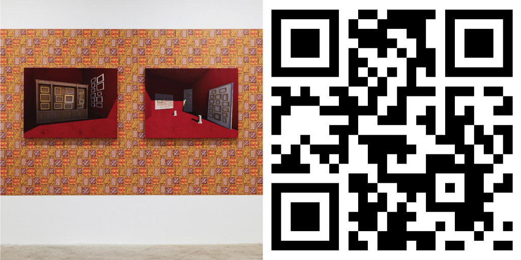 A diptych consisting of a photo of a painting hanging in a gallery on the left and a QR code on the right. The painting has two smaller images, both of empty frames in red galleries, arranged side by side against a busy background of ochre, red, and purple rectangles