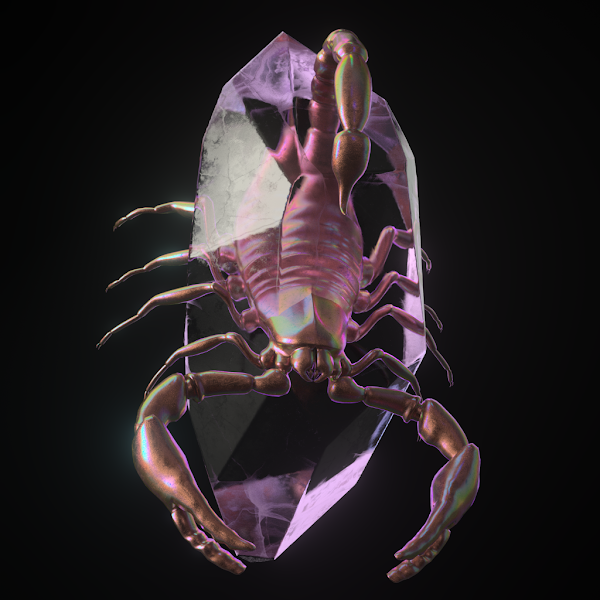 A digital image of a lavendar crystal with a petrified scorpion partially embedded in it