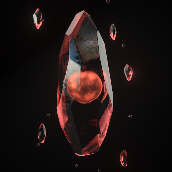 A digital image of a translucent red crystal in a black field. The crystal has a reddish globe in its center and is surrounded by smaller red crystals