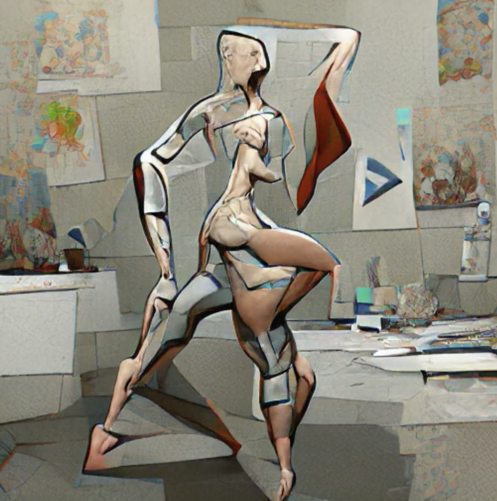 An AI-generated, abstracted human figure is posed in a similarly abstracted art studio