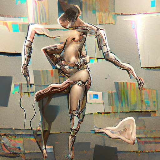 An AI-generated, abstracted human figure is posed in a similarly abstracted art studio