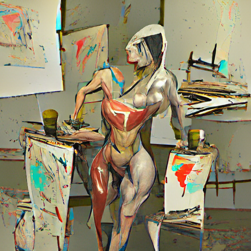 An AI-generated, abstracted human figure is posed in a similarly abstracted art studio