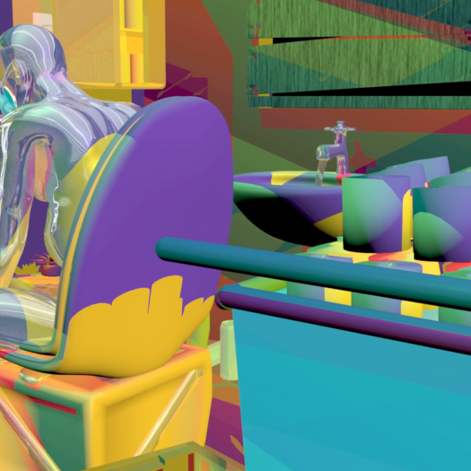 A technicolor 3D rendering of a figure sitting at a computer desk, with a kitchenette in the foreground.