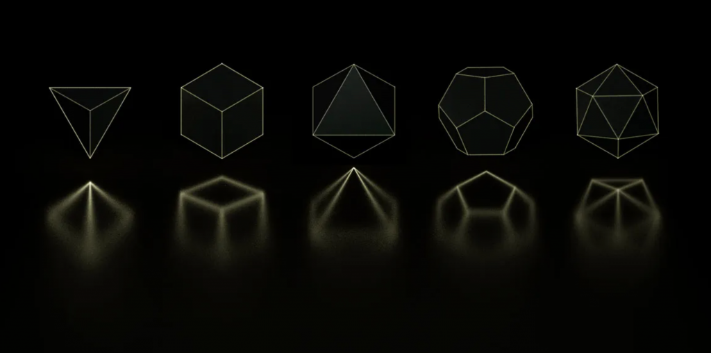 A series of three dimensional forms are outlined in gold on a black background.