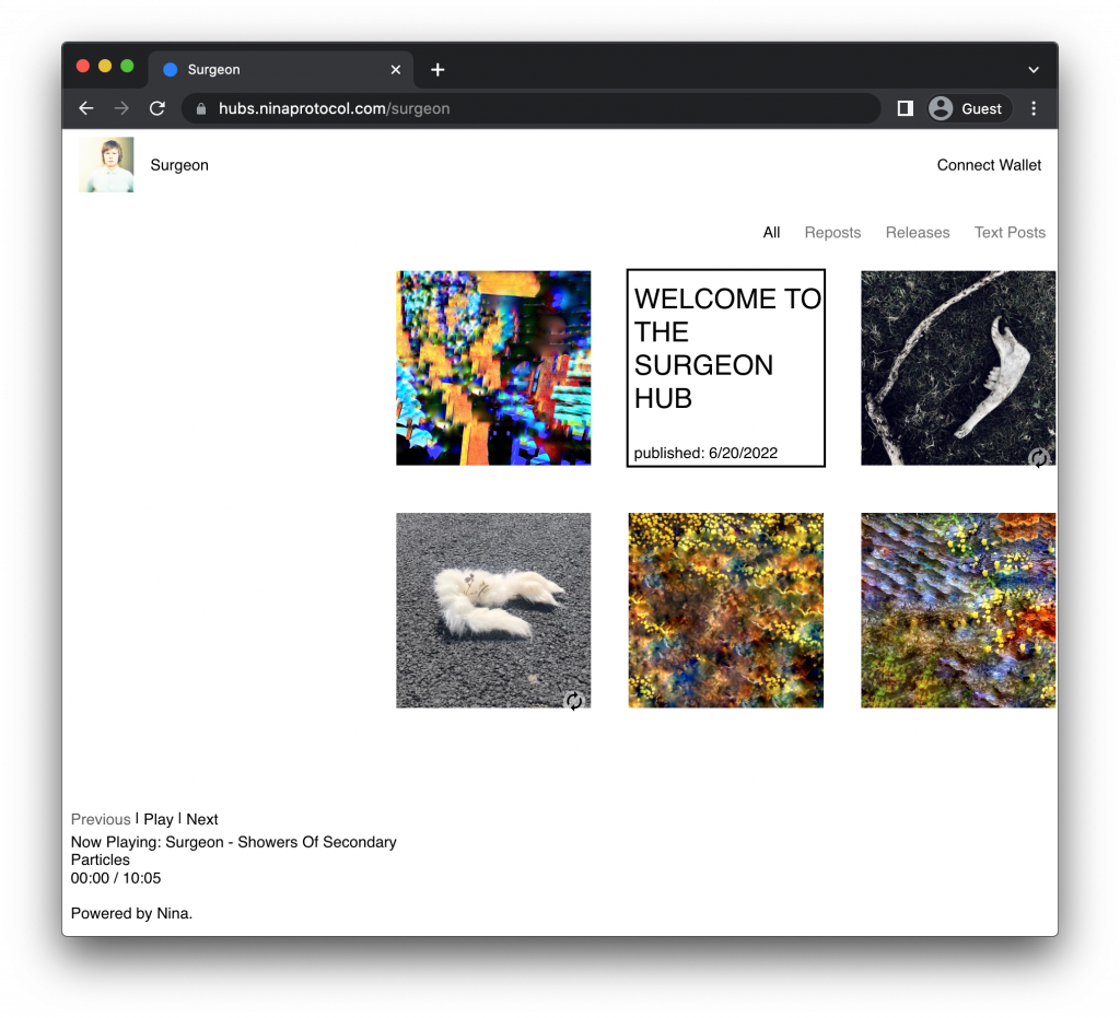 A screenshot of the Nina website that includes the album art of five releases by the musician Surgeon