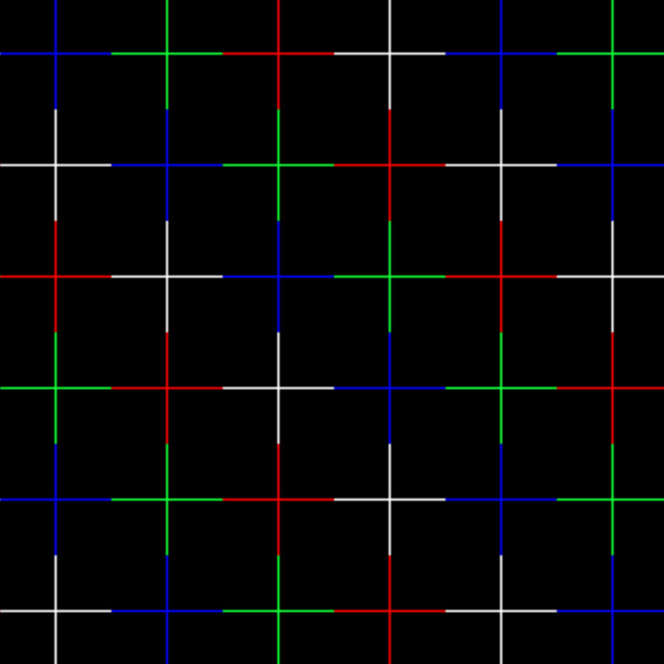 A square image where crosshairs in red, blue, white, and green are in a grid against a black background