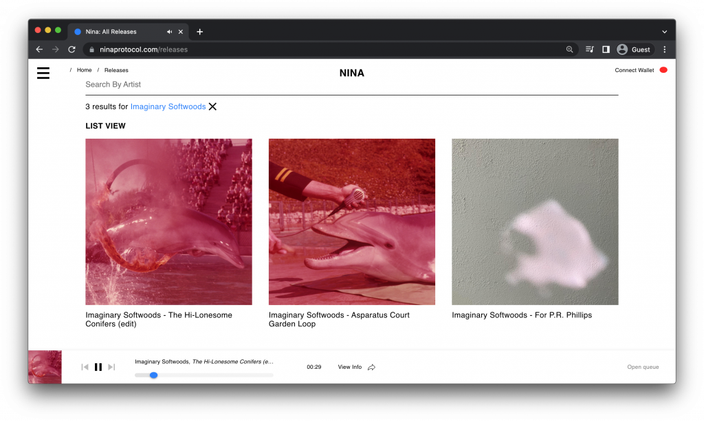 A screenshot of the Nina website with three images of cover art by the artist Imaginary Softwoods