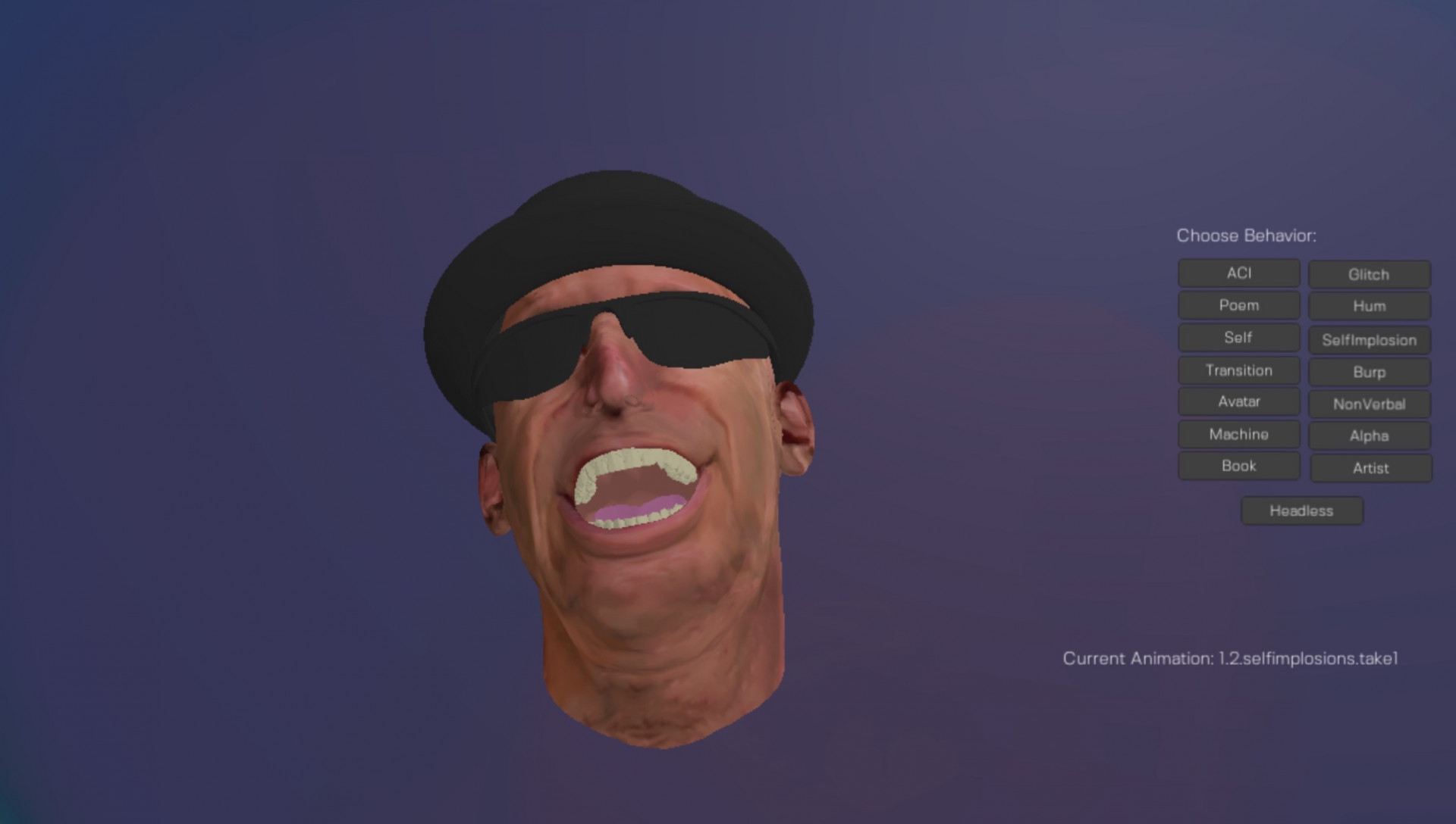 A floating, 3-D modeled male head with dark sunglasses and a bowler cap floats against a purple background. To the head's right is a list of behaviors a user can choose from, ranging from "Hum" to "Burp"
