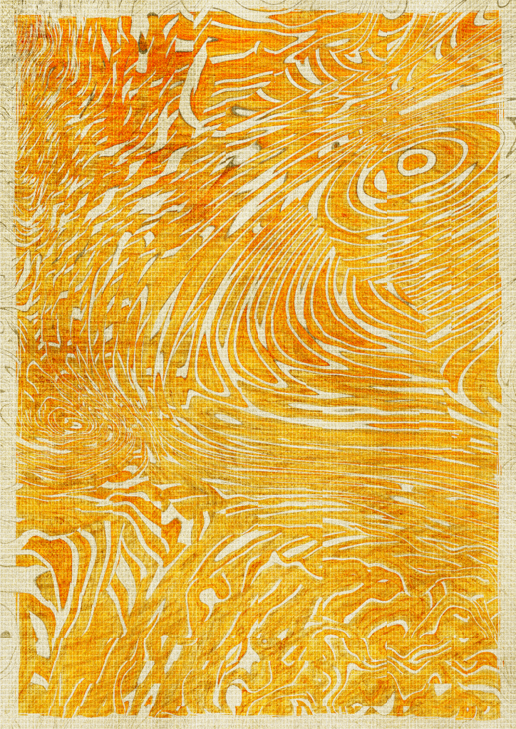 A computer-generated abstract drawing of curves and concentric shapes rendered in oranges and yellows