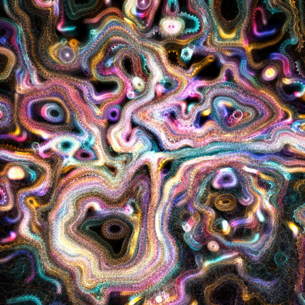 A digital abstract image with cellular forms in a rainbow of neon on a black background
