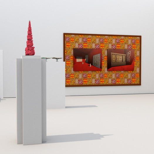 A digital image of an exhibition, with sculputres and paintings displayed in a white room
