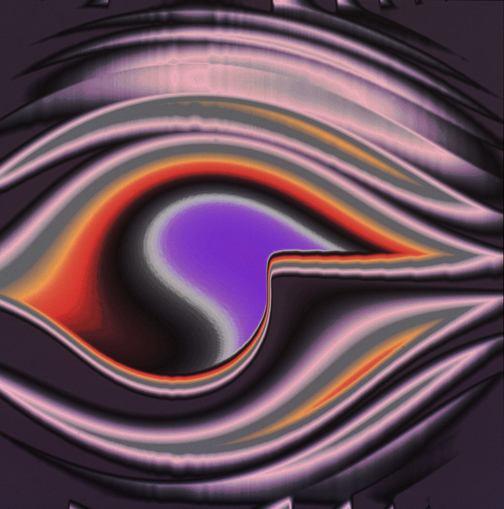 An abstract digital image of arcs eminating from a central point, in shades of purple, red, and yellow