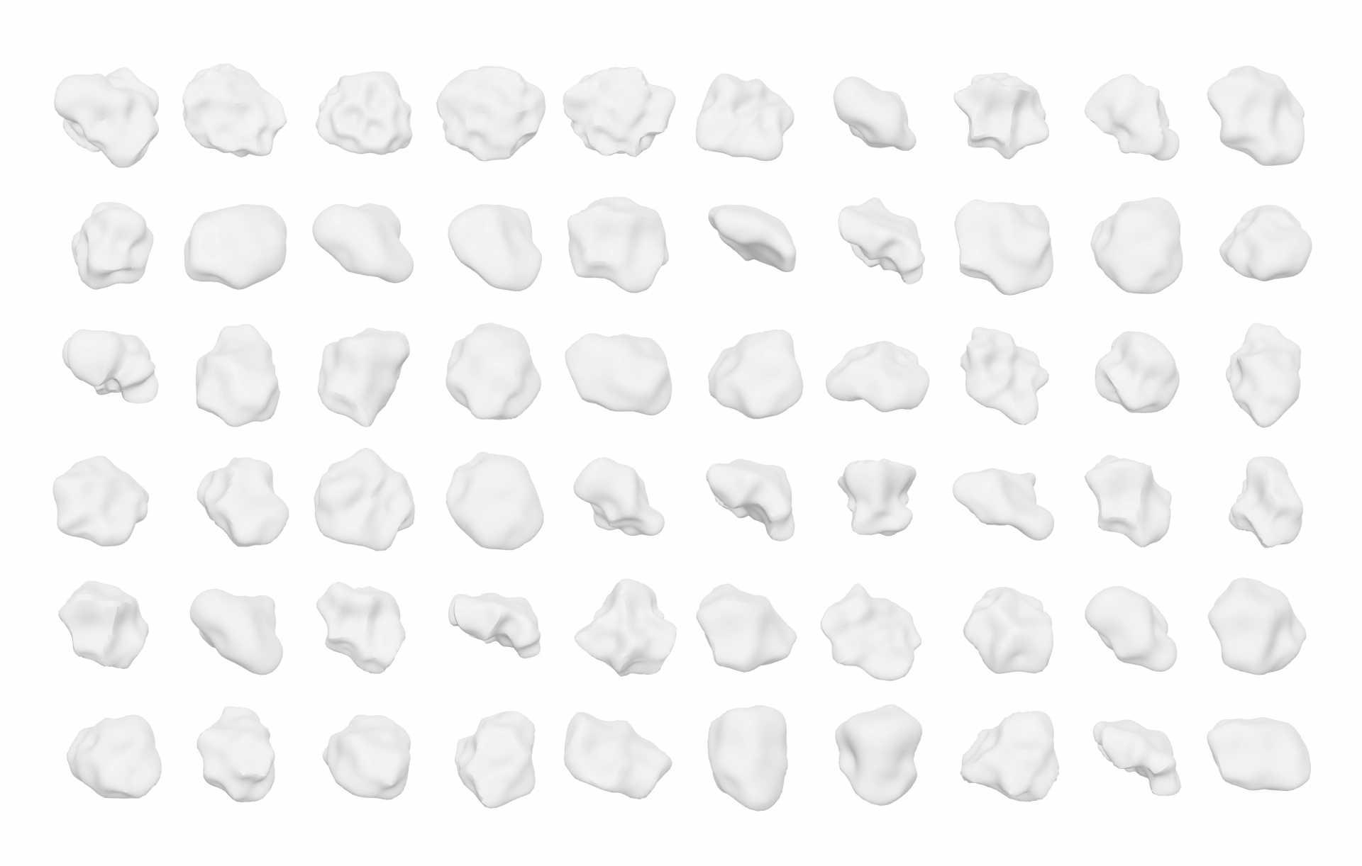 A ten-by-six grid of digitally rendered white rocks of various shapes