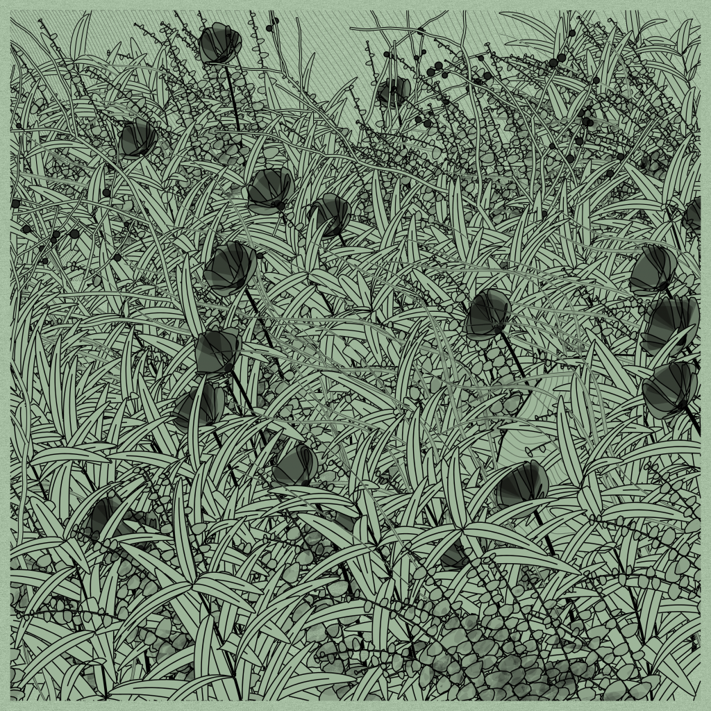 A digital drawing of tulips and tall grass in shades of light green