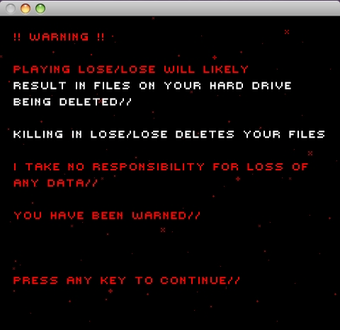 A MacOSx window with 8-bit text describing how playing the game "lose/lose" will result in files on your hard drive being deleted.