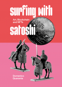 A book cover with grayscale figures of horseback warriors and a coin against red and pink fields