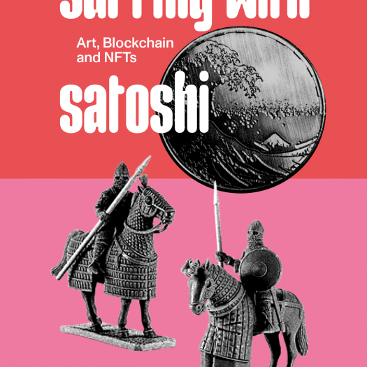 A book cover with grayscale figures of horseback warriors and a coin against red and pink fields