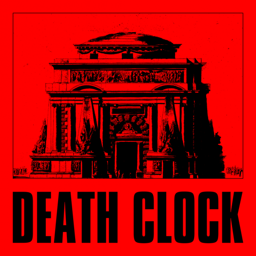 A black-and-white drawing of an ornate mausoleum on a red background with the words "DEATH CLOCK" below.