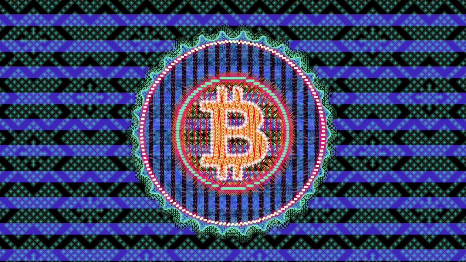 A Bitcoin logo in orange and red against a background of purple and black stripes with electric green dots