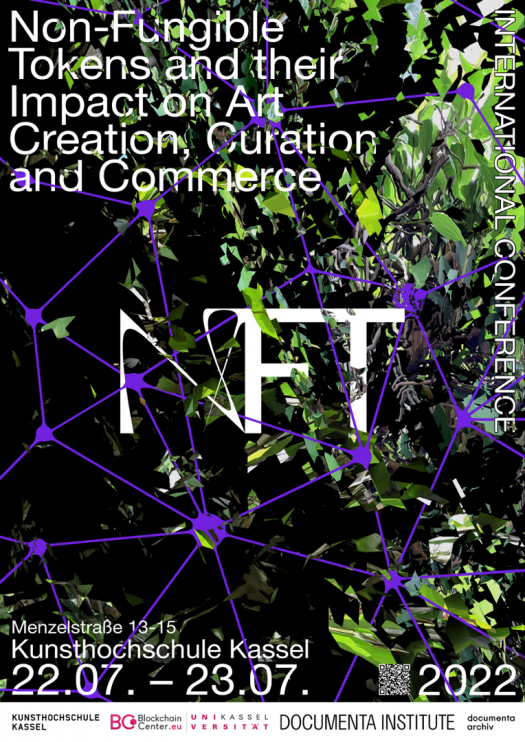 A poster for a conference about NFTs, with a geometric design in purple on black meeting green plant life where the letters NFT are spelled