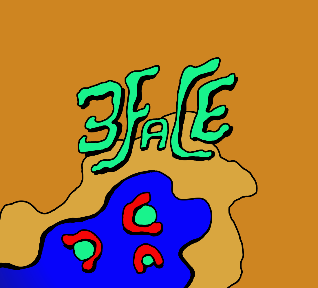 A digital drawing of a cellular shape in green, red, blue, and orange sits on an orange background. The word "3FACE" sits on top in green.
