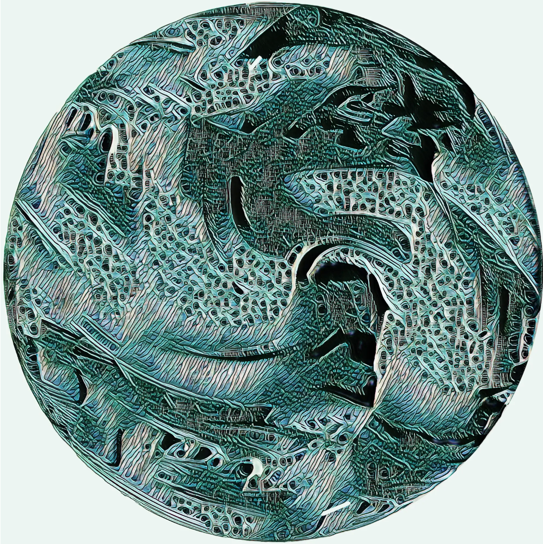 A circle is filed with digitially rendered ridges and shapes in shades of turquoise