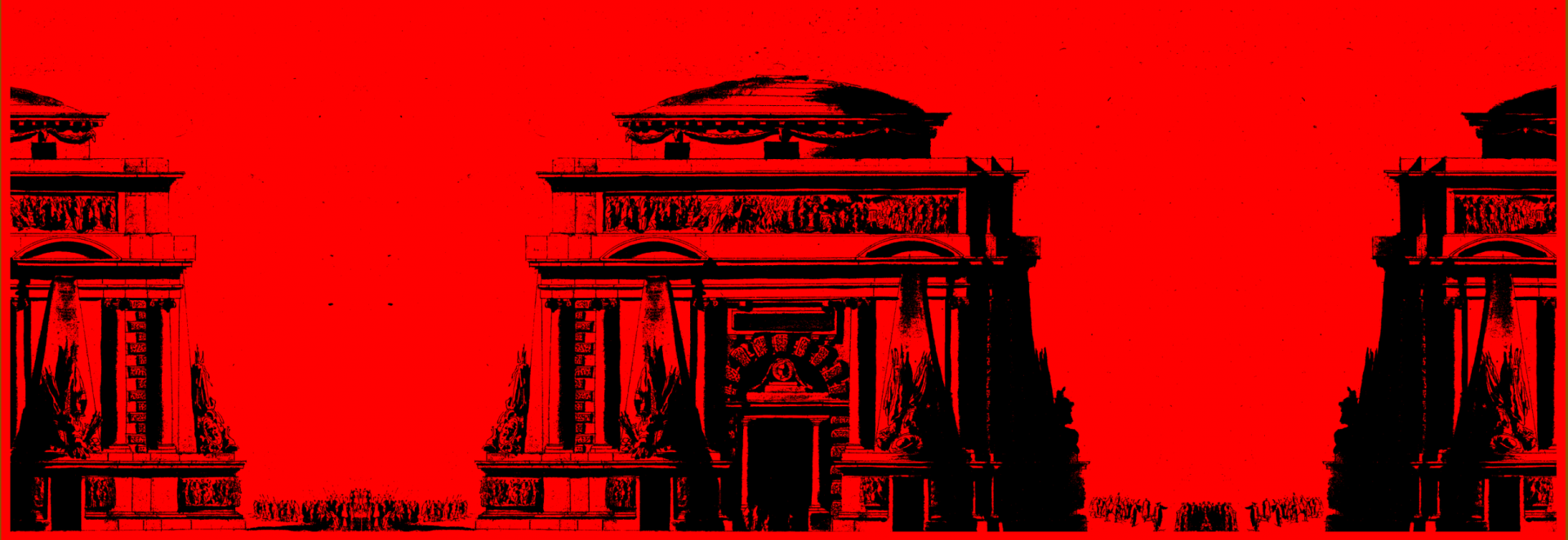 A black-and-white drawing of an ornate mausoleum on a red background