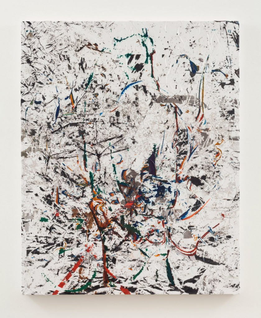 An abstract painting of blue, green, and red streaks on splatters on a white canvas