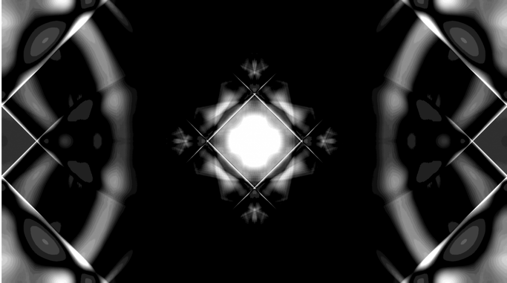 A black and white digital composition with a diamond pattern