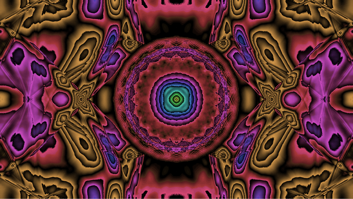 A mandala is digitally rendered in shades of pink, red, and yellow