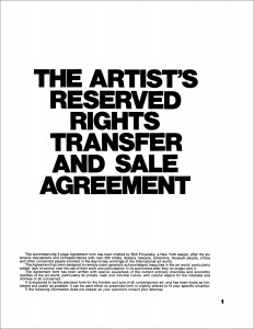 Large black text on a white background describes the purpose of a document: a royalty contract for artists