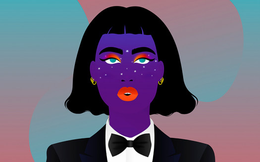 A flat, vectorized drawing of a woman with purple skin and a black bob haircut