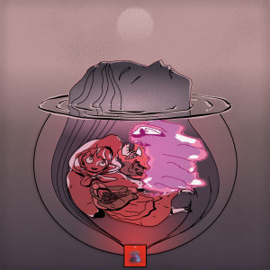 A face emerges from a pool; beneath there surface, distorted cartoonish creatures in shades of red and pink swim in the figure's hair