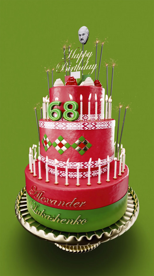 A digital rendering of a three-tiered birthday cake, frosted red and green and circled with candles