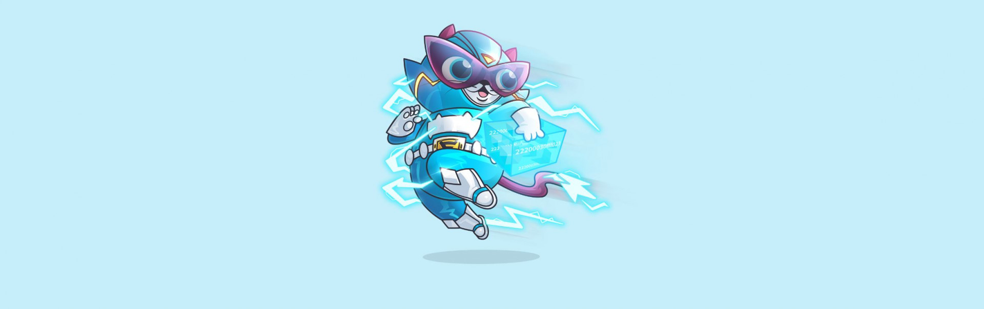 A digital cartoon of a blue cat in a superhero costume, wreathed in lightning bolts, against a pale blue background