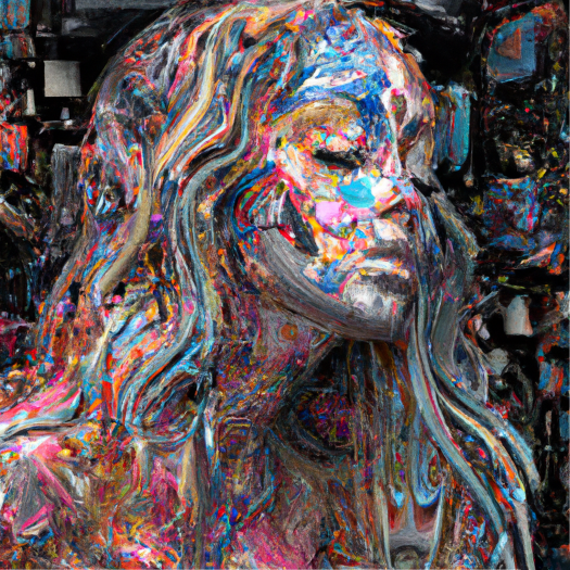 A portrait of a woman with long hair and closed eyes, composed of amny dense lines of white, cyan, pink, red, and black