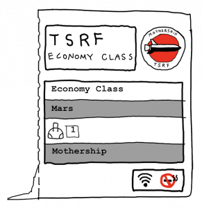 A simple digital drawing of a ticket on a rockt ship, with icons indicating luggage allowance, availability of wifi, and a prohibition of smoking